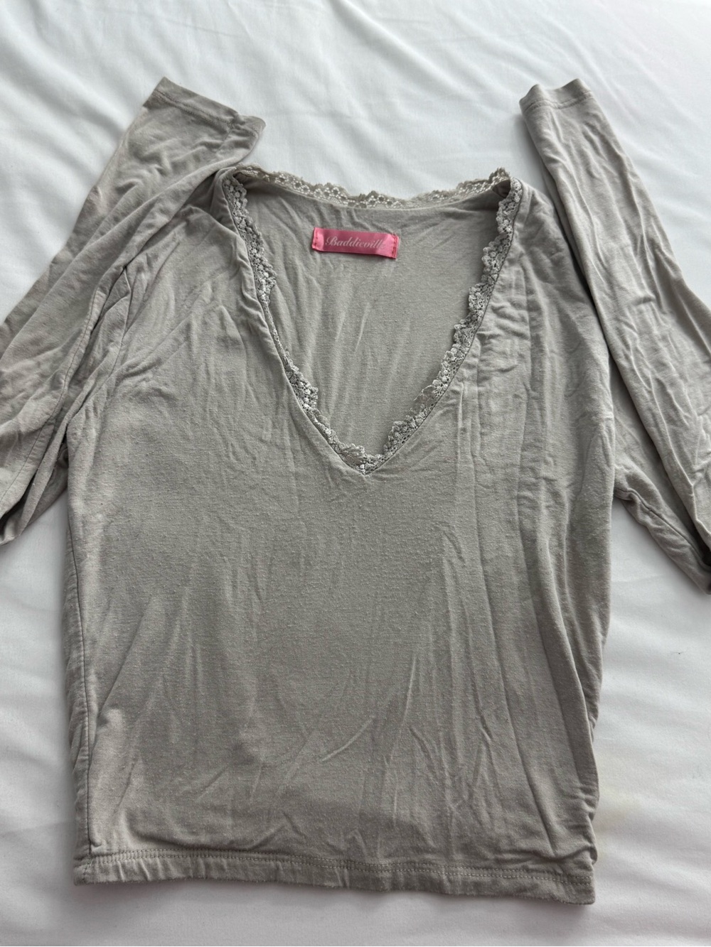 Women's Lace-Trim V-Neck Top in Taupe